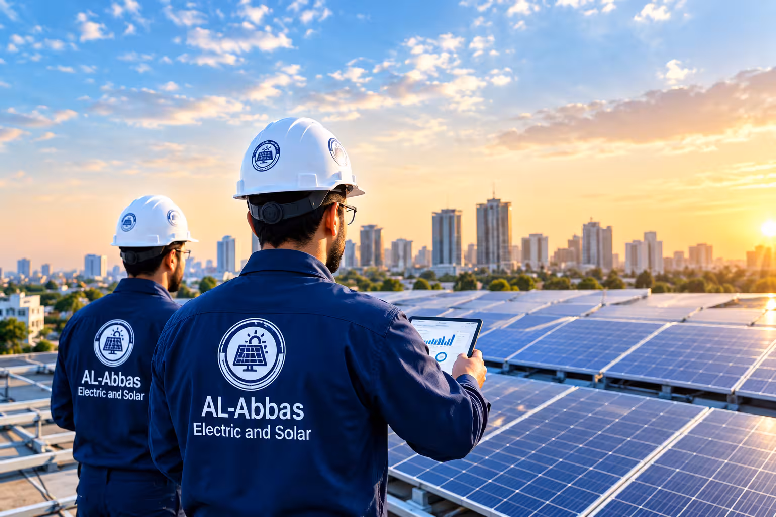 Al-Abbas Engineers inspecting solar farm and city skyline