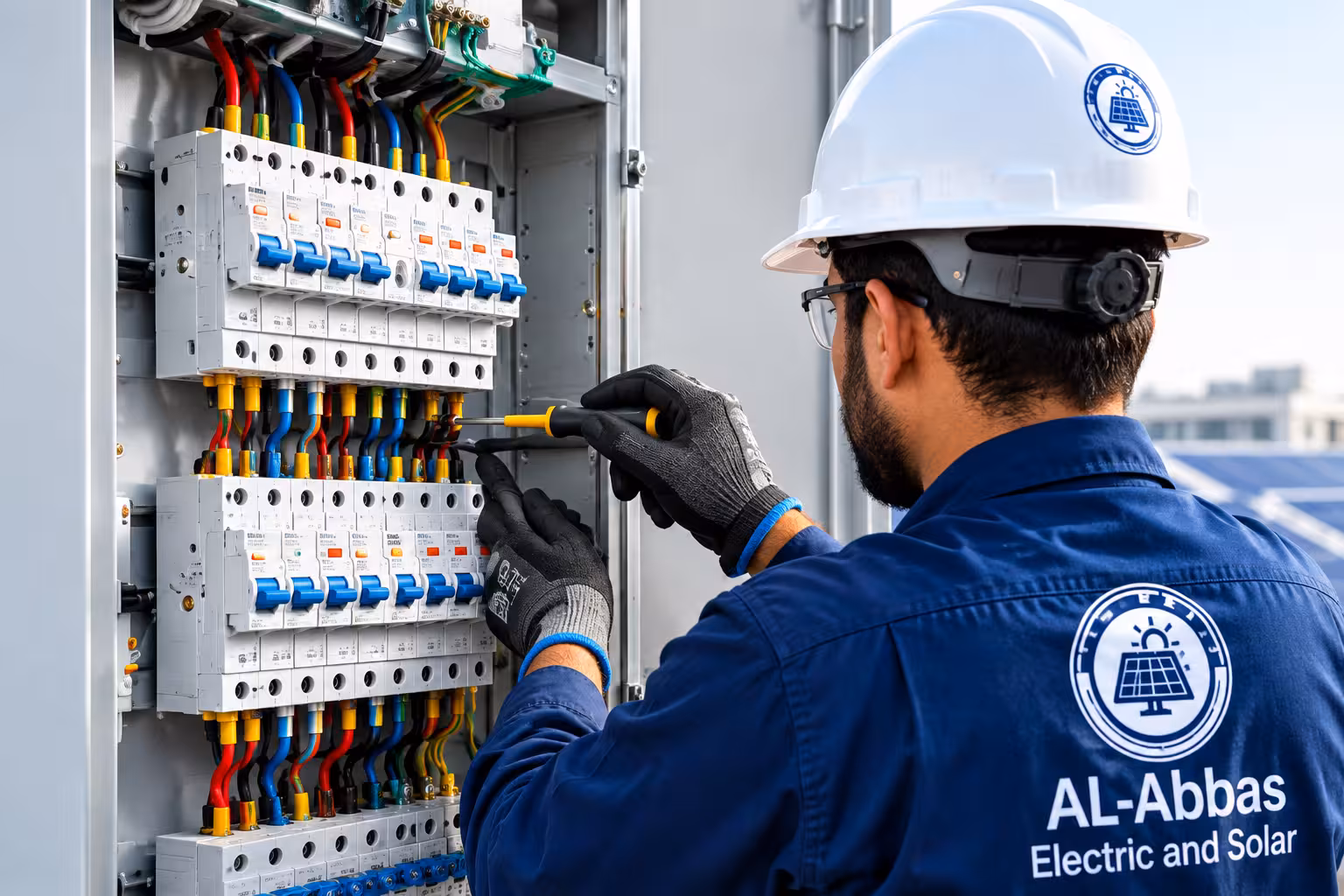 Certified electrician testing electrical circuit distribution panel
