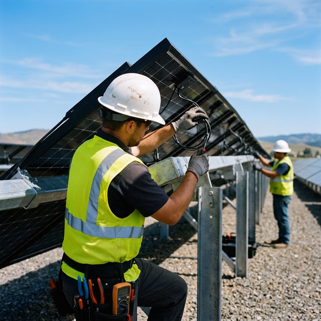 Solar electrical technician in hardhat and safety vest installing and wiring solar panel system representing company mission