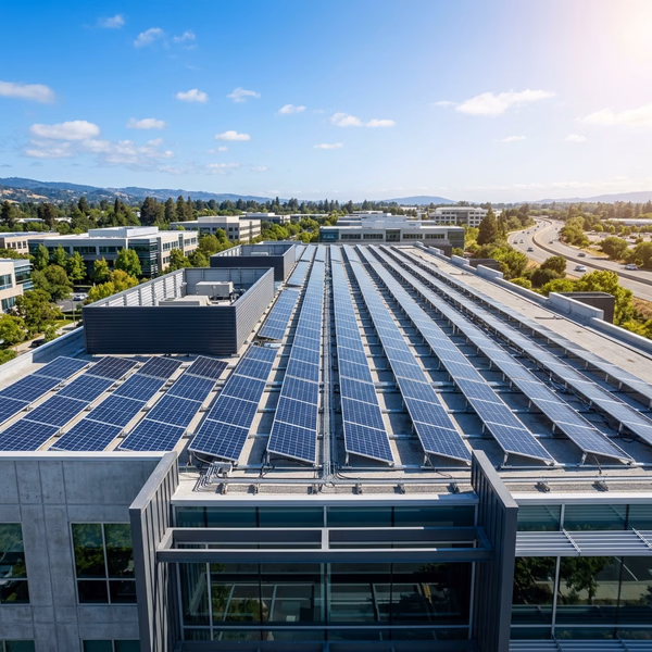 Commercial rooftop solar panel installation under clear sky representing company vision