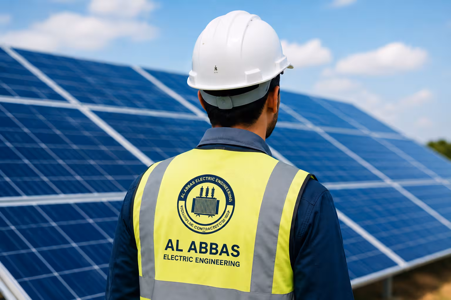 Al-Abbas solar engineer inspecting solar panel field