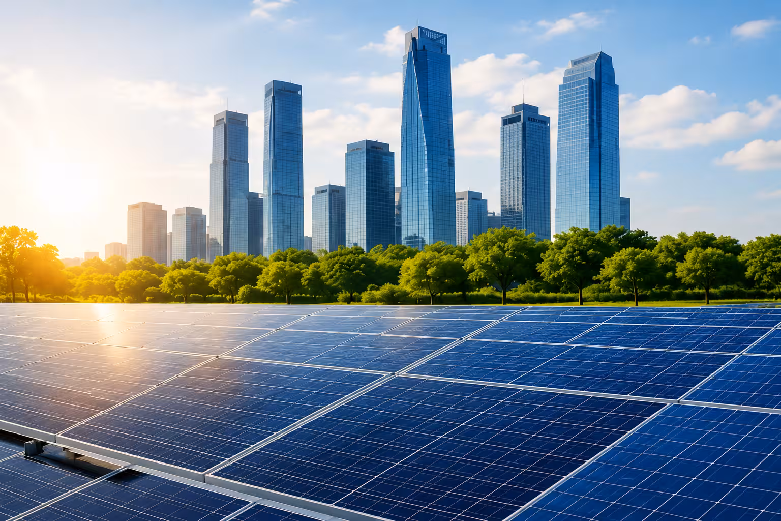 Al-Abbas commercial solar panel installation with modern city skyline