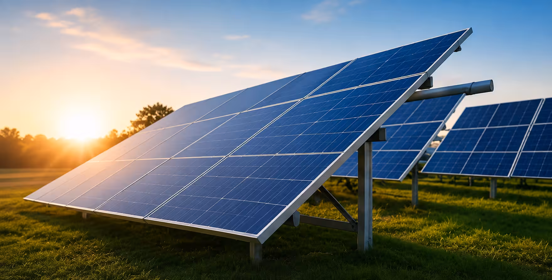 Commercial and residential solar panels under golden sunset