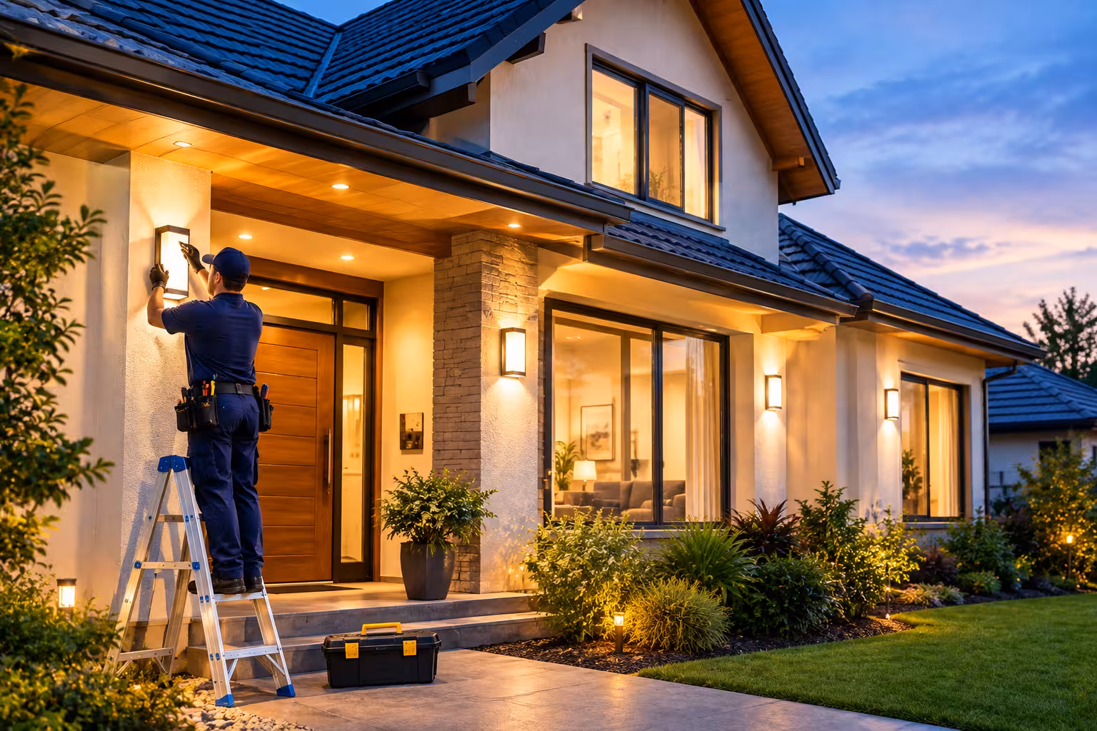 Modern luxury home exterior with warm architectural lighting and electric maintenance