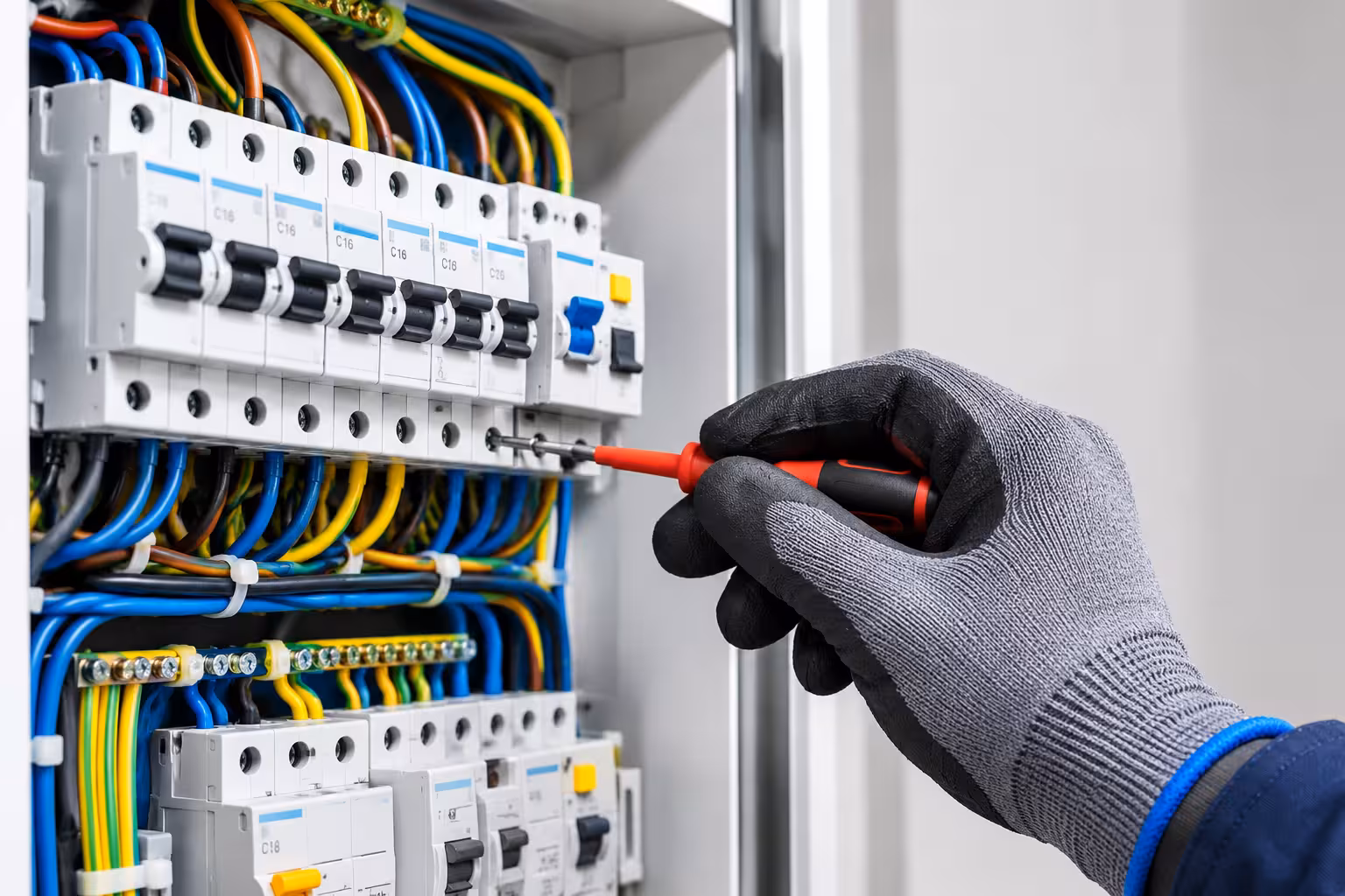 Certified electrician repairing home circuit breaker wiring