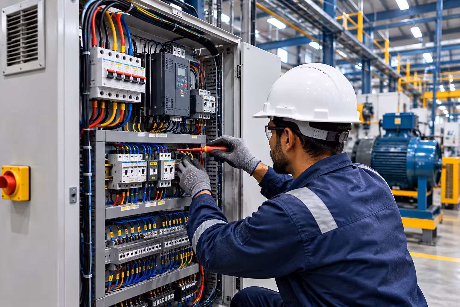 Industrial distribution panel and heavy machinery wiring cable network